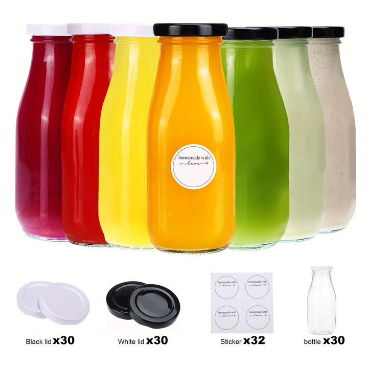 30pcs 12oz Glass Milk Bottle with Lid, 30 Milk Jars, 30 Metal Lids, and 32 Waterproof Stickers for Versatile Use, Small Reusable Vintage Glass Milk Jars Drinking Juice Bottles with 60 Lids and Waterproof Labels - Total Trends Fusion