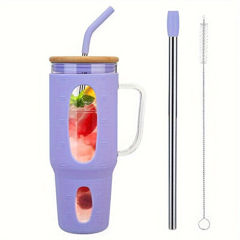50oz Glass Tumbler with Straw and Lid, Reusable Glass Tumbler with Handle, Iced Coffee Cup with Bamboo Lid, Glass Water Bottles Fit in Cup Holder - Total Trends Fusion