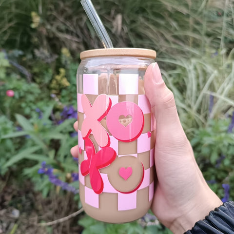 "XOXO 16oz Heart & Plaid Glass Cup | Reusable Valentine's Day Gift"