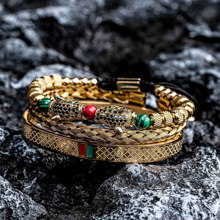 1pc Double Leopard Head Enamel Green Red Bracelet, Stainless Steel Bracelet Bangle, For Men Women - Total Trends Fusion