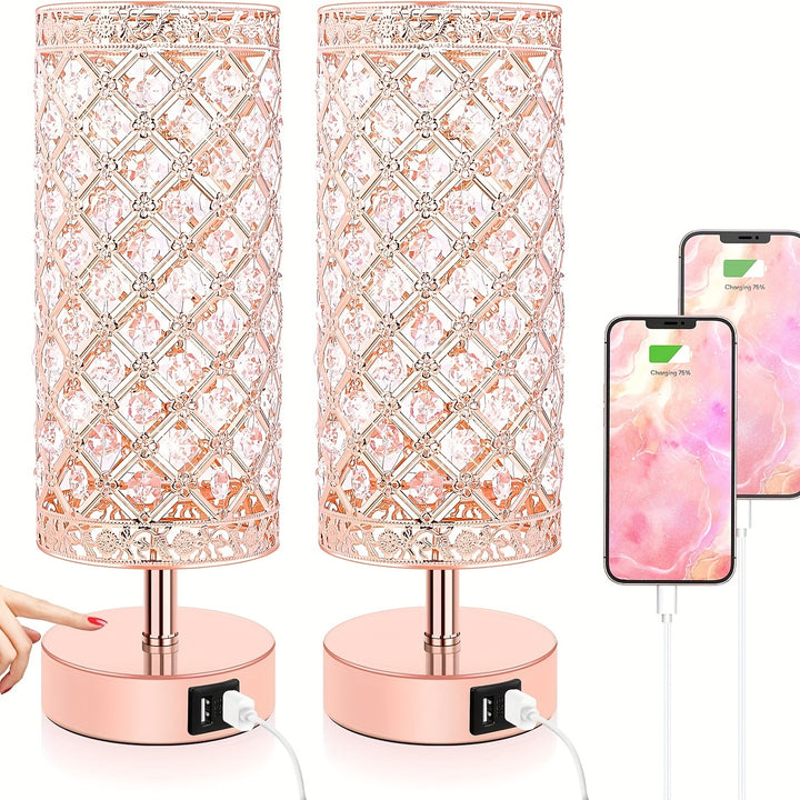 Touch Control Crystal Table Lamp Set of 2 Bedside Nightstand Lamps with 2 USB Charging Ports, 3-Way Dimmable, K9 Crystal Decorative Desk Lamp for Bedroom, Girls Guest Room, Living Room, Bulbs Included - Total Trends Fusion