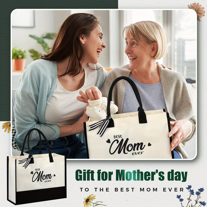 Mother's Day Mom Tote Bag 16.5 X 11.8 X 6.7 Inch Canvas Beach Bag Gifts For Mother Initial Tote Bags For Mother Best Mom Ever Gifts With Zipper And Inner Pocket Mom Bags For Women First Time Mom - Total Trends Fusion