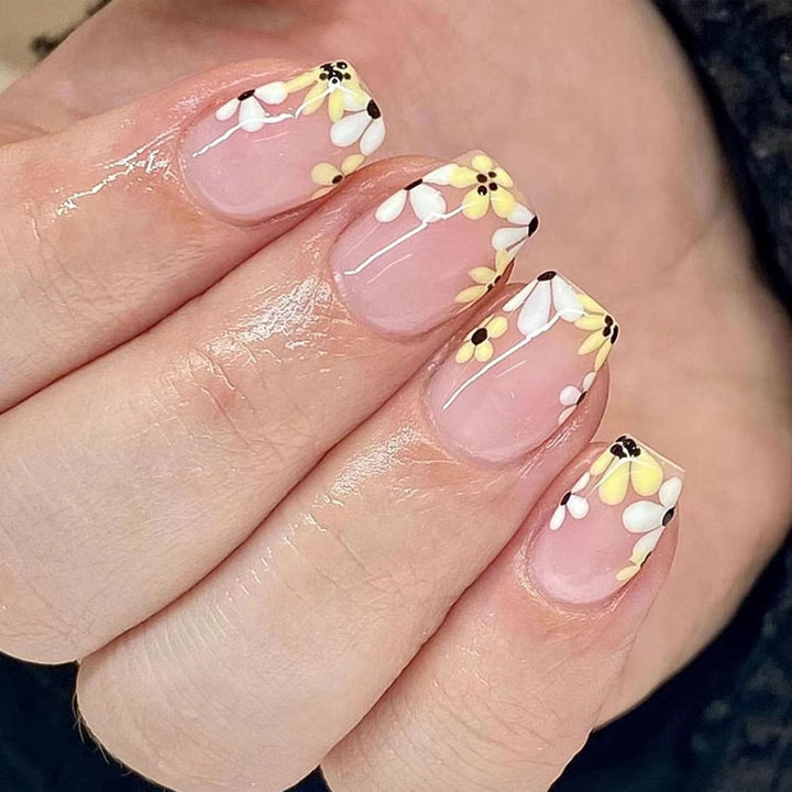 French Tip Press on Nails Short Square Fake Nails with Leopard Print French Bow Designs Nude Glue on Nails Press Ons Glossy False Nails Reusable Cute Stick on Nails for Women 24 Pcs