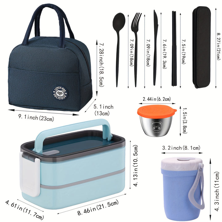 60oz 2 layers Multi grid Lunch Box with Sauce Box, Soup Cup, Cutlery, and Insulated Bag. Lunch Box Set. - Total Trends Fusion