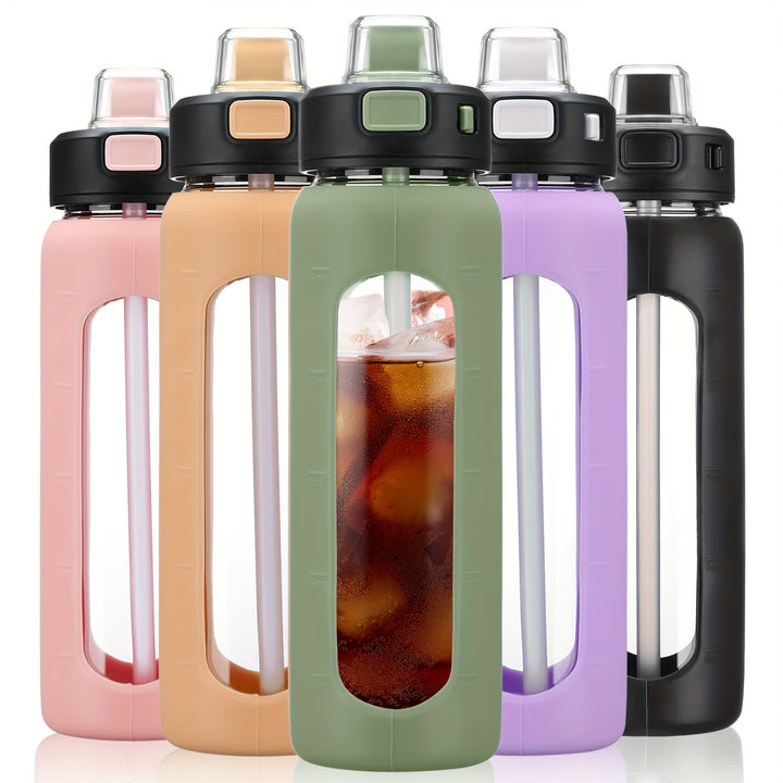 MUKOKO 24oz Glass Water Bottle With Straw, Motivational Water Bottles With Time Marker And Silicone Sleeve, Glass Bottle With Locking Lid And Carry Loop - Total Trends Fusion