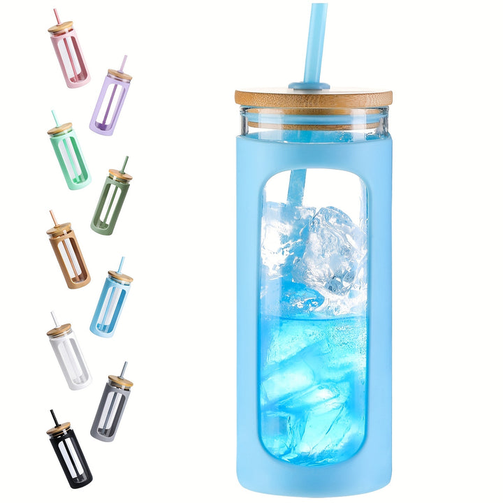 MUKOKO 20oz Glass Water Tumble With Straw And Lid, Bamboo Lids Water Bottle, Iced Coffee Cup Reusable, Wide Mouth Smoothie Cups, Straw Silicone Protective Sleeve BPA FREE - Total Trends Fusion