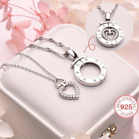 2pc Elegant 925 Sterling Silver Pendant Necklace Inlaid Shiny Adjustable Neck Chain Jewelry Decoration With Gift Box Valentine's Day Gift - Total Trends Fusion