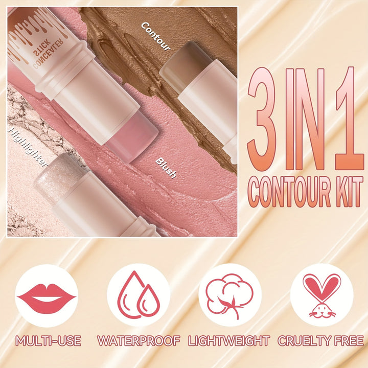 3Pcs Contour Stick, Blush Stick, Highlighter Stick, Bronzer Stick, 3 Pcs Cream Contour Kit With Brush For A Flawless Look, Contour Stick Makeup Non-Greasy Waterproof, Long-lasting Fair-Medium - Total Trends Fusion