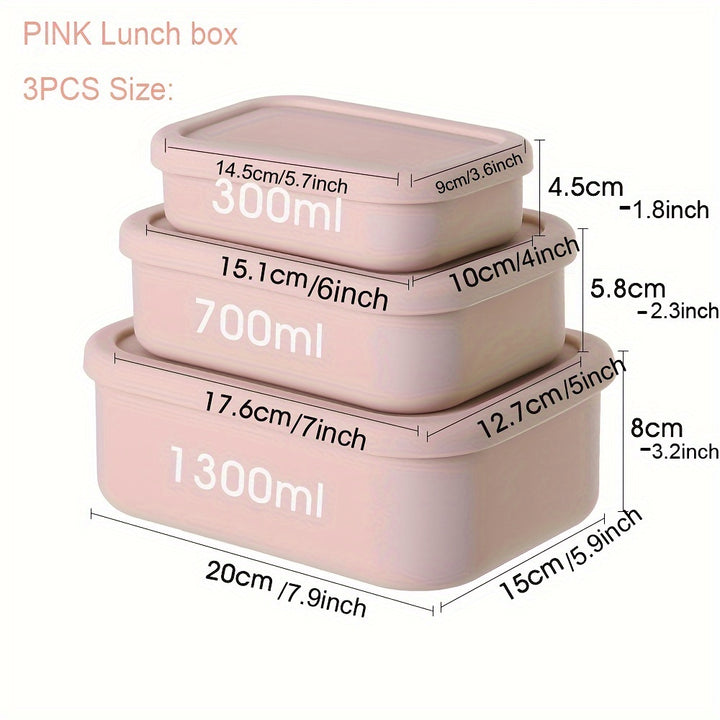 3pcs Silicone Bento Lunch Box Set with Lids - Airtight, Microwave & Dishwasher Safe Food Storage Containers in Green/Pink/Blue - Perfect for School, Office, Camping & Picnics (10oz, 23.6oz, 44oz) - Total Trends Fusion