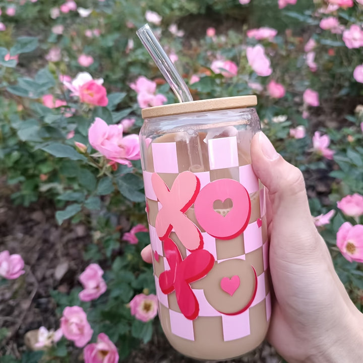 "XOXO 16oz Heart & Plaid Glass Cup | Reusable Valentine's Day Gift"