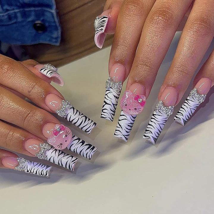 24Pcs Pink Coffin Nails Press on Nails Long Coffin Fake Nails with 3D Heart Pearl Star Nail Charms Design Nail Gems Diamond Pink Acrylic Nails Supply Full Cover False Nails Stick on Nails for Women