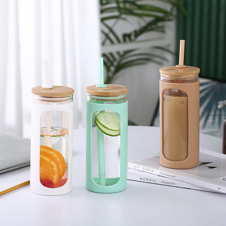 MUKOKO 20oz Glass Water Tumble With Straw And Lid, Bamboo Lids Water Bottle, Iced Coffee Cup Reusable, Wide Mouth Smoothie Cups, Straw Silicone Protective Sleeve BPA FREE - Total Trends Fusion
