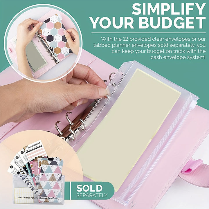 Multifunctional A6 Budget Binder with 12 Clear Zip Pockets and 12 Budget Sheets PU Cash Envelopes Portable Envelopes Organizer for Budgeting and Money Saving - Total Trends Fusion