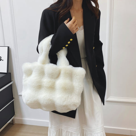 Chic White Faux Fur Shoulder Bag for Women - Spacious & Versatile, Magnetic Closure, Perfect for School & Shopping