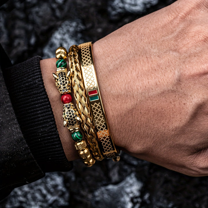 1pc Double Leopard Head Enamel Green Red Bracelet, Stainless Steel Bracelet Bangle, For Men Women - Total Trends Fusion