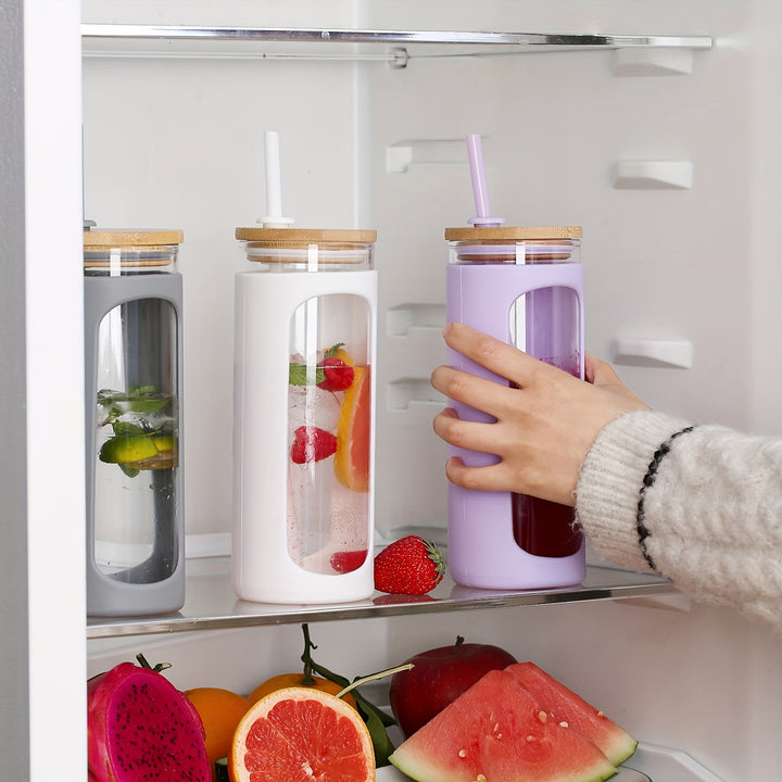 MUKOKO 20oz Glass Water Tumble With Straw And Lid, Bamboo Lids Water Bottle, Iced Coffee Cup Reusable, Wide Mouth Smoothie Cups, Straw Silicone Protective Sleeve BPA FREE - Total Trends Fusion