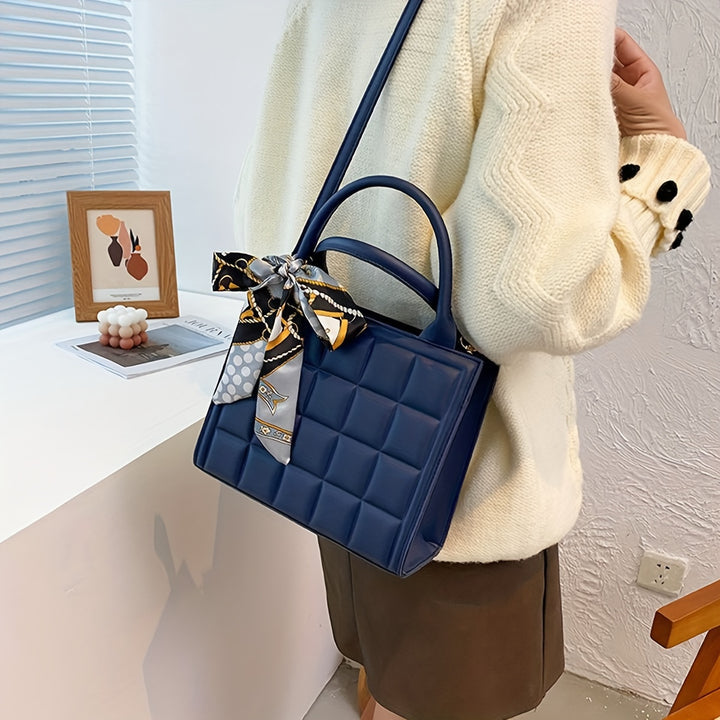 Womens Plaid Vintage Shoulder Bags Soft Embossed Design Crossbody Bags With Chic Scarf Pendant Commuter Office Bags