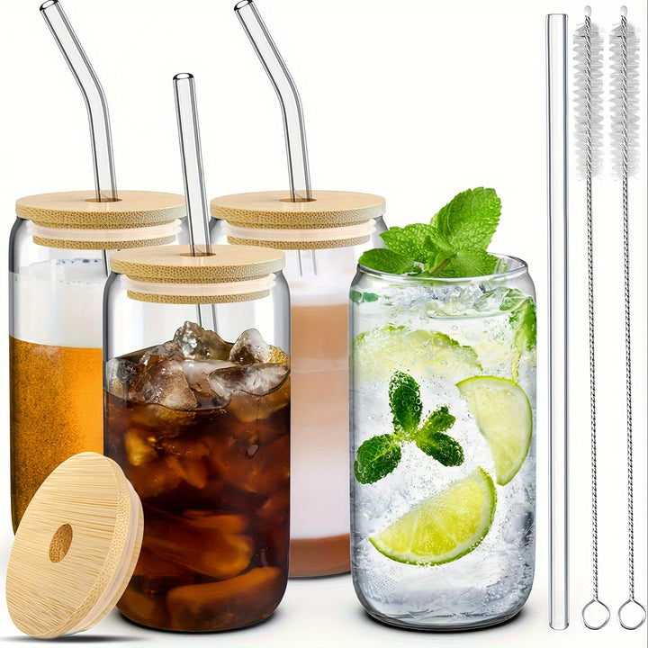 4Pcs Drinking Glasses with Bamboo Lids and Glass Straw - 16 Oz Can Shaped Glass Cups for Beer, Ice Coffee, Cute Tumbler Cup Great for Soda Boba Tea Cocktail Include 2 Cleaning Brushes - Total Trends Fusion