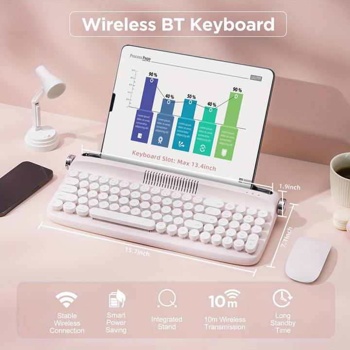 YUNZII B309 Pink Upgraded Wireless Retro Typewriter Style Keyboard, Integrated Stand, USB-C/BT Keyboard, Cute Round Keycaps & Volume Switching Knobs For Multi-Device, Compatible With Win/Mac/iOS/Android Multi-System - Total Trends Fusion