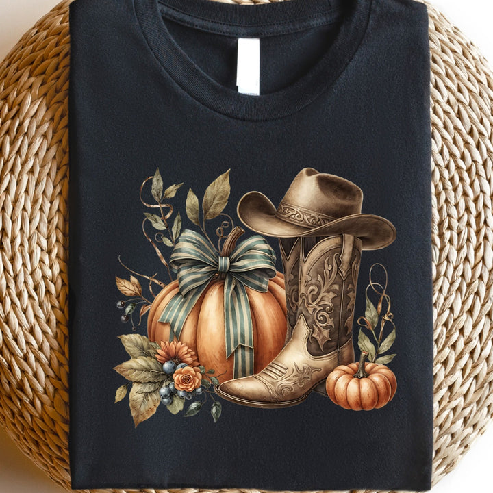TT91 Howdy Pumpkin Shirt, Western Fall Premium T-Shirt, 200g Cotton Comfort Fall Women Tee, Pumpkin Graphic Shirts, High Quality Western Fall T-Shirts 22658 - Total Trends Fusion
