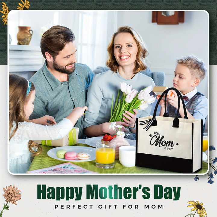 Mother's Day Mom Tote Bag 16.5 X 11.8 X 6.7 Inch Canvas Beach Bag Gifts For Mother Initial Tote Bags For Mother Best Mom Ever Gifts With Zipper And Inner Pocket Mom Bags For Women First Time Mom - Total Trends Fusion