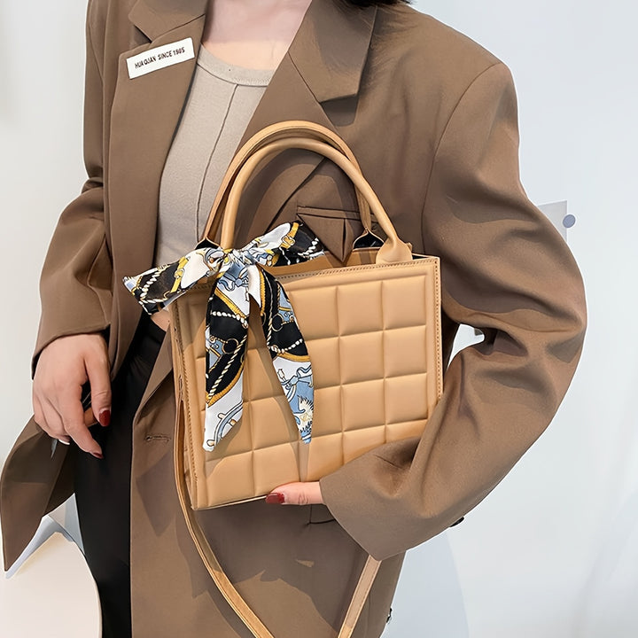 Womens Plaid Vintage Shoulder Bags Soft Embossed Design Crossbody Bags With Chic Scarf Pendant Commuter Office Bags