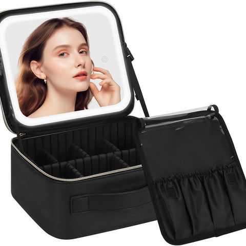 Makeup Bag with LED Mirror, Travel Makeup Case for Women and Makeup Artists Cosmetic Organizer Large Make up Bags with Light up Mirror, 3 Color Lights, Adjustable Dividers and Brush Holder - Total Trends Fusion