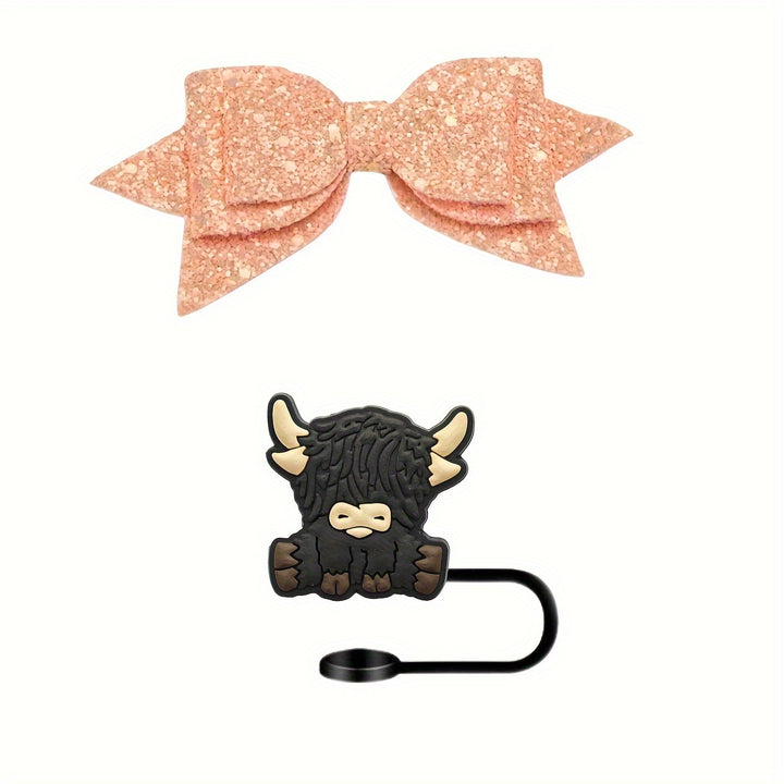 2pcs Set tool brand Container Straw Toppers with Cat Paw Charms & Bowknots - Perfect for Party Decorations - Total Trends Fusion