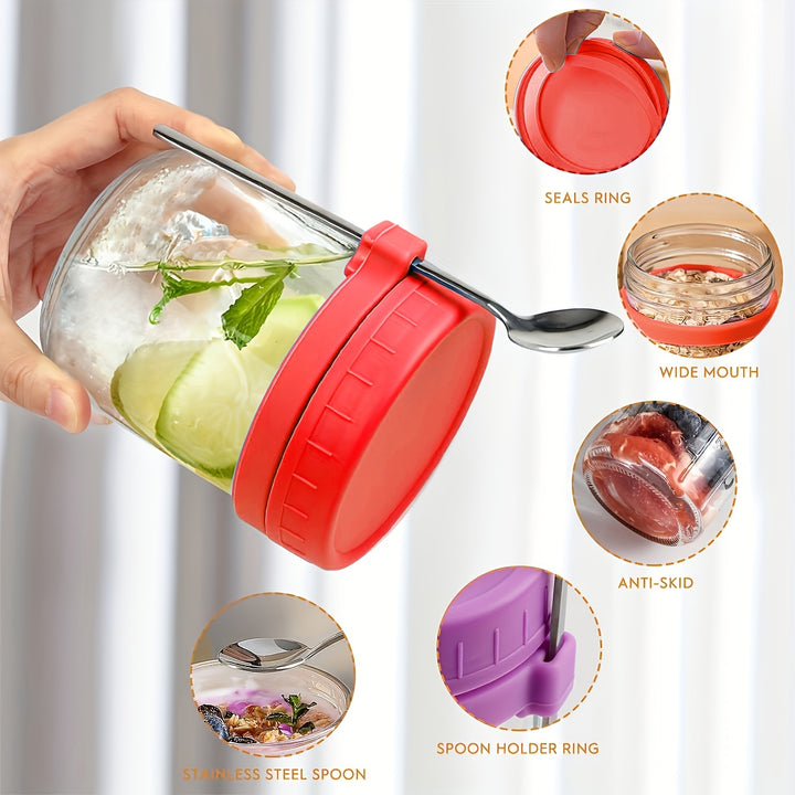 Overnight Oats Containers with Lid and Spoon, 16 oz & 10 oz Glass Mason Overnight Oats Jars, 3 Large & 3 Small Family Sharing, Airtight Jars for Salad, Cereal, Fruit (6 Pack) - Total Trends Fusion