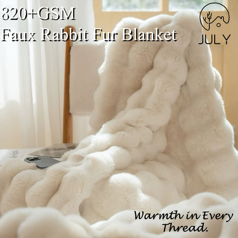 1pc July Casa Luxurious Faux Rabbit Fleece Blanket - Ultra-Soft, Warm & Cozy Throw, 820+GSM - Perfect for Bedroom, Living Room, Dorm, Car, Sofa & Travel - Reversible, All-Season Plush Lightweight Design, Machine Washable, White