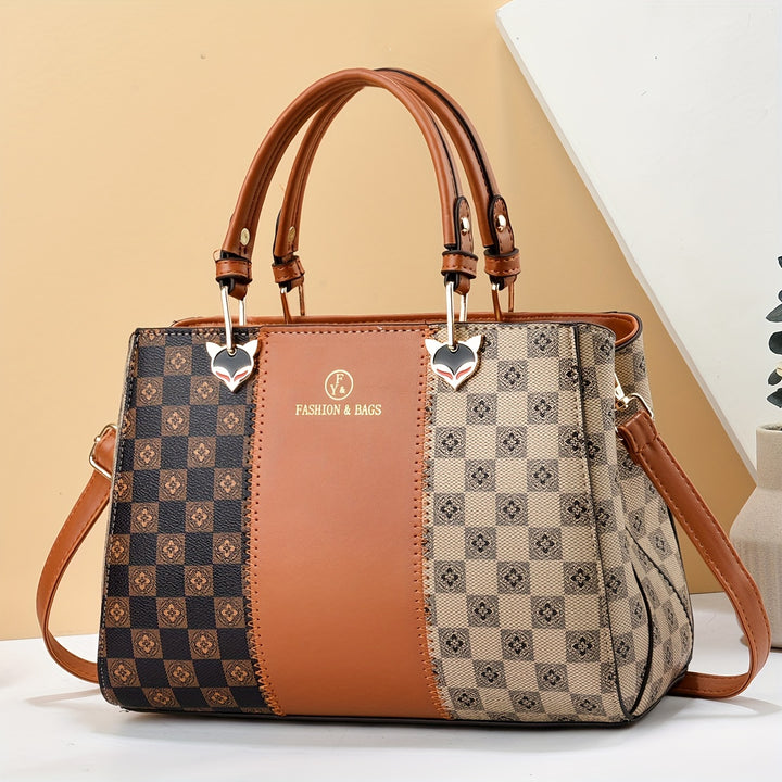 New versatile color blocking high-capacity checkered printed handbag - Total Trends Fusion