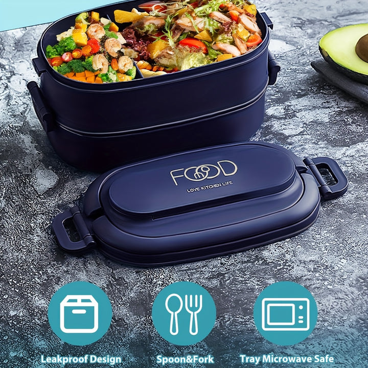 Bento Box Adults Lunch Box: Stackable Lunchbox w/Utensils, Leak-Proof Portable Lunch Container w/Divided Compartments, 1550ml Microwave Safe Lunch Box for Work, Outdoors - Total Trends Fusion