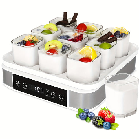 9-Cup Automatic Greek Yogurt Maker Machine - Temperature and Time Control, Glass Jars for Effortless Cleaning, Ideal for Homemade Yogurt, Healthy Snacks and Delicious Recipes - Total Trends Fusion