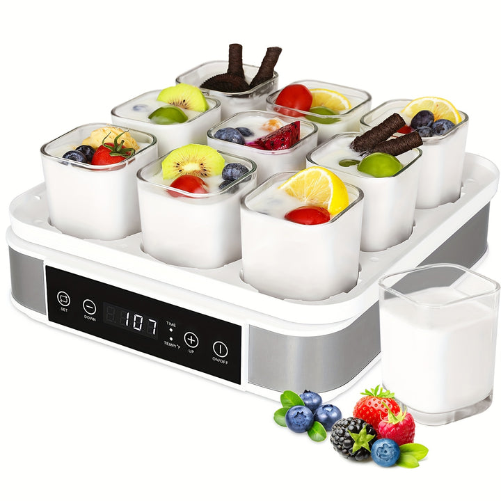 9-Cup Automatic Greek Yogurt Maker Machine - Temperature and Time Control, Glass Jars for Effortless Cleaning, Ideal for Homemade Yogurt, Healthy Snacks and Delicious Recipes - Total Trends Fusion