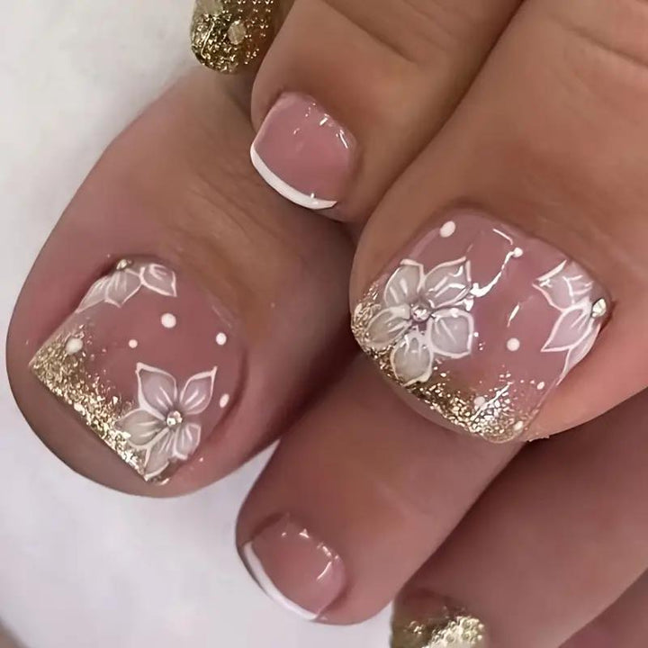 96 Pcs Short Square Toe Press On Nails Kit - Full Cover Fake Toenails with Flower Accents, Solid Pink Gradient French Tip Design, Easy to Apply Glue On Toe Nails for Women, Long-Lasting, Reusable, and Durable - Total Trends Fusion