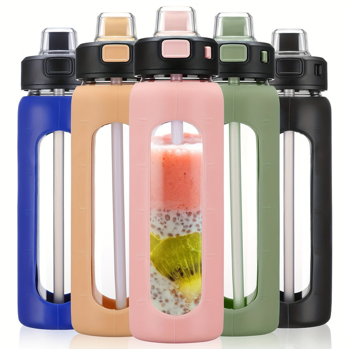 MUKOKO 24oz Glass Water Bottle With Straw, Motivational Water Bottles With Time Marker And Silicone Sleeve, Glass Bottle With Locking Lid And Carry Loop - Total Trends Fusion
