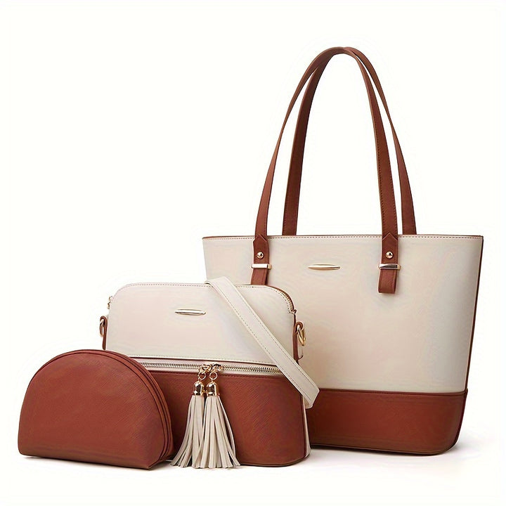 3 Pack Women Fashion Shoulder Handbags Wallet Tote Bag Top Handle Satchel Hobo With Zipper Closure Set - Total Trends Fusion