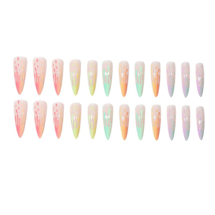24Pcs Long Fake Nails Almond Press on Nail French Tip Glue on Nails Rainbow Ice Cream Design Acrylic Nails Almond Nails for Women and Girls