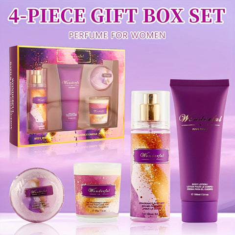 4pcs Set, Women'S Eau De Parfuma Spray&Body Lotion&Bath Bomb&Fine Fragrance Candle Gift Box, Long Lasting Fragrance Body Mist, Perfect for Holiday Gifts, Dating, Daily Life, Parties, 3.4 Fl Oz Perfume, 3.4 Fl Oz Body Lotion
