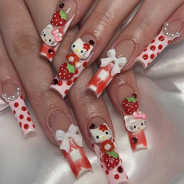 24Pcs Pink Coffin Nails Press on Nails Long Coffin Fake Nails with 3D Heart Pearl Star Nail Charms Design Nail Gems Diamond Pink Acrylic Nails Supply Full Cover False Nails Stick on Nails for Women