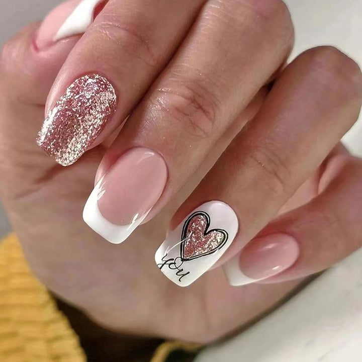 French Tip Press on Nails Short Square Fake Nails with Leopard Print French Bow Designs Nude Glue on Nails Press Ons Glossy False Nails Reusable Cute Stick on Nails for Women 24 Pcs