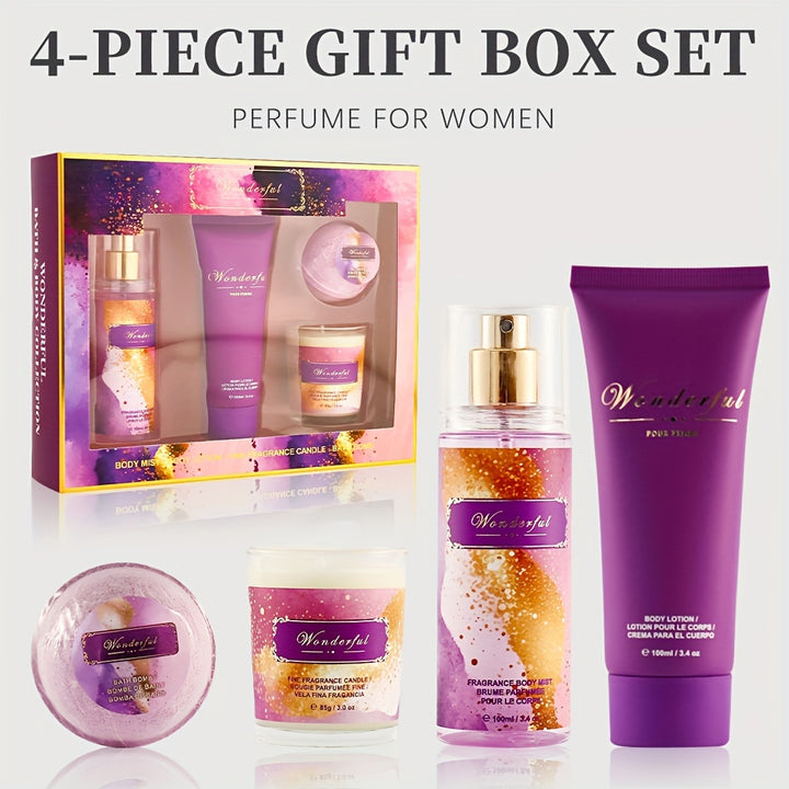 4pcs Set, Women'S Eau De Parfuma Spray&Body Lotion&Bath Bomb&Fine Fragrance Candle Gift Box, Long Lasting Fragrance Body Mist, Perfect for Holiday Gifts, Dating, Daily Life, Parties, 3.4 Fl Oz Perfume, 3.4 Fl Oz Body Lotion