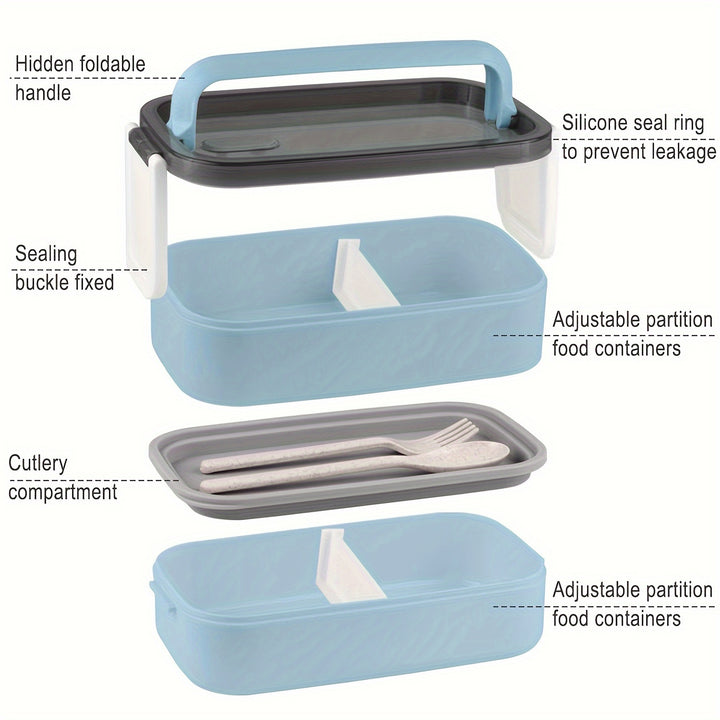 60oz 2 layers Multi grid Lunch Box with Sauce Box, Soup Cup, Cutlery, and Insulated Bag. Lunch Box Set. - Total Trends Fusion