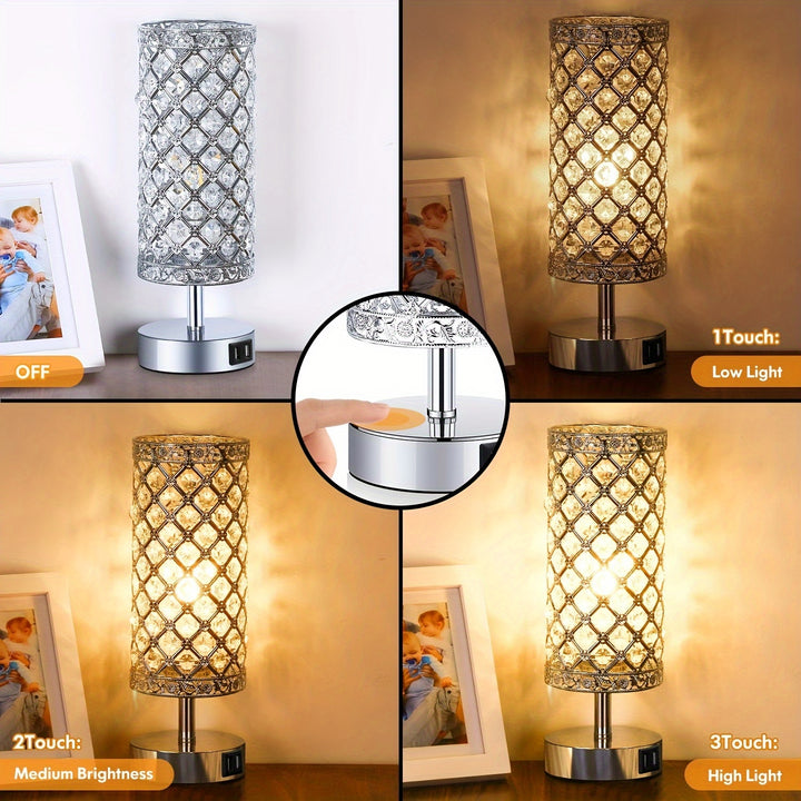 Touch Control Crystal Table Lamp Set of 2 Bedside Nightstand Lamps with 2 USB Charging Ports, 3-Way Dimmable, K9 Crystal Decorative Desk Lamp for Bedroom, Girls Guest Room, Living Room, Bulbs Included - Total Trends Fusion