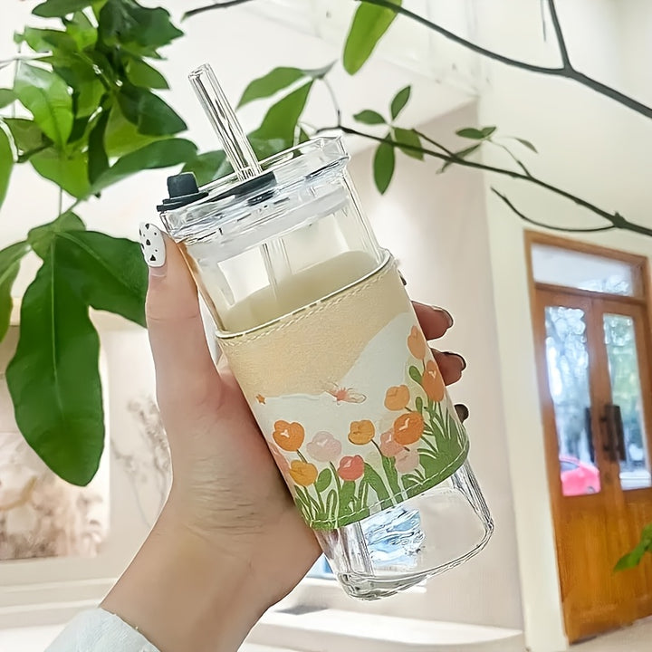 6/4pcs Square Glass Mugs with Lids, Portable Drinking Mugs, Perfect Coffee Mugs, Includes Glass Lid/Straw, Gift for Mug Collectors, Great for Office, Home, School, And Outdoor Use!