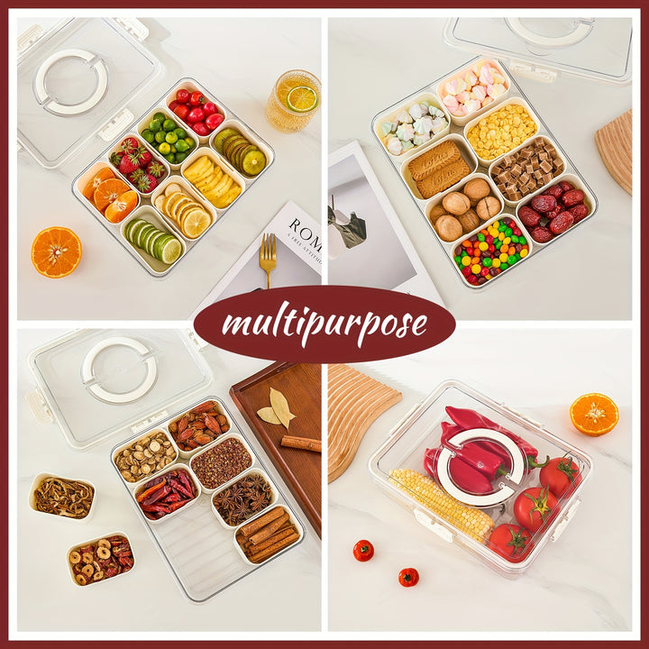 Divided Serving Tray with Lid and Handle - 8-Compartment Snack Box for Portable Snack Platters and Home Decor - Perfect for Parties, Entertaining, and Travel. Includes 50 free freshness bags. - Total Trends Fusion