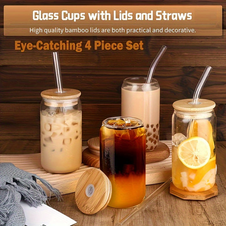 4Pcs Drinking Glasses with Bamboo Lids and Glass Straw - 16 Oz Can Shaped Glass Cups for Beer, Ice Coffee, Cute Tumbler Cup Great for Soda Boba Tea Cocktail Include 2 Cleaning Brushes - Total Trends Fusion