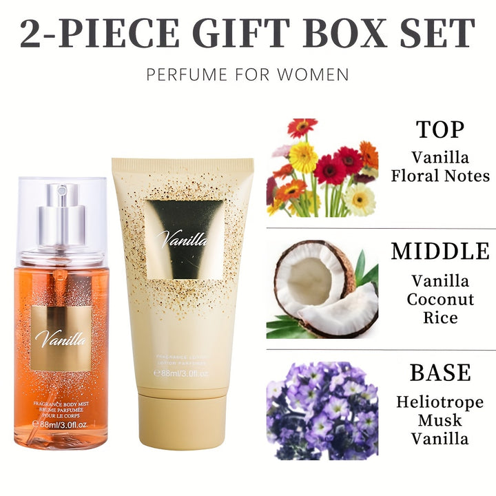 2-Piece Set, Women's Body & Hair Fragrance Mist And Body Lotion Gift Box, Long Lasting Fragrance, Notes Of Vanilla Flavor, Perfect For Holiday Gifts, Dating, Daily Life, Parties, 3 Fl Oz Perfume, 3 Fl Oz Body Lotion