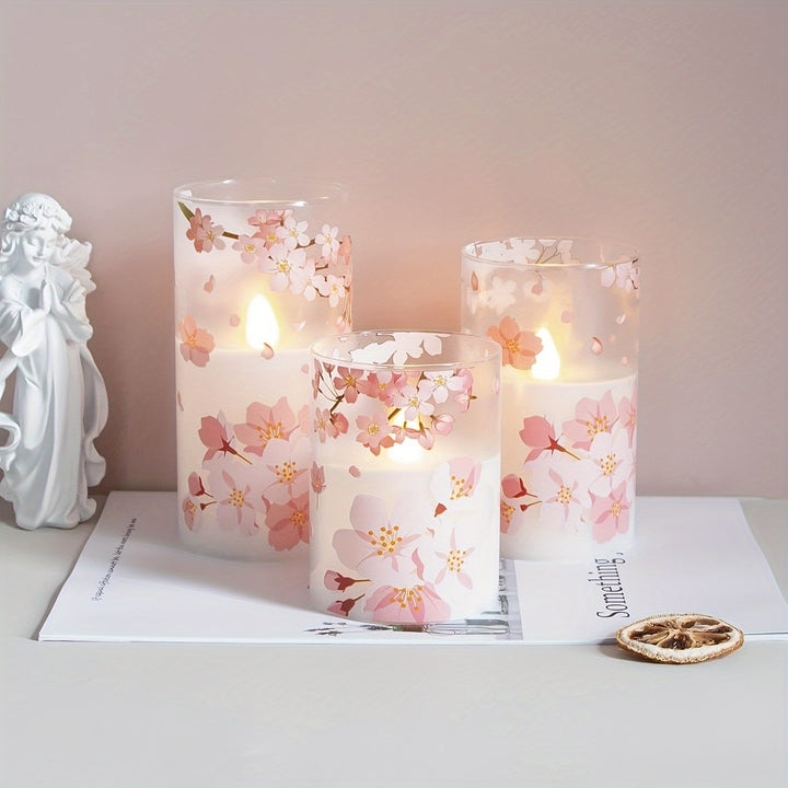 3 Pack, Plastic Flameless Flickering Candles, Pink Flower Pattern, Battery Operated, With Looping 24-hour Timer And 10-button Remote Control, Suitable For Indoor, Outdoor, Wedding Decoration - Total Trends Fusion