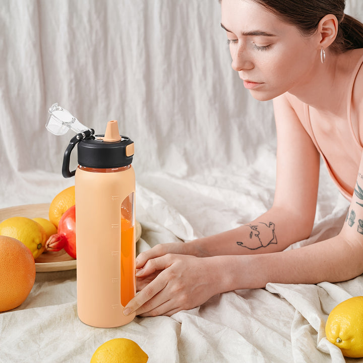 MUKOKO 24oz Glass Water Bottle With Straw, Motivational Water Bottles With Time Marker And Silicone Sleeve, Glass Bottle With Locking Lid And Carry Loop - Total Trends Fusion